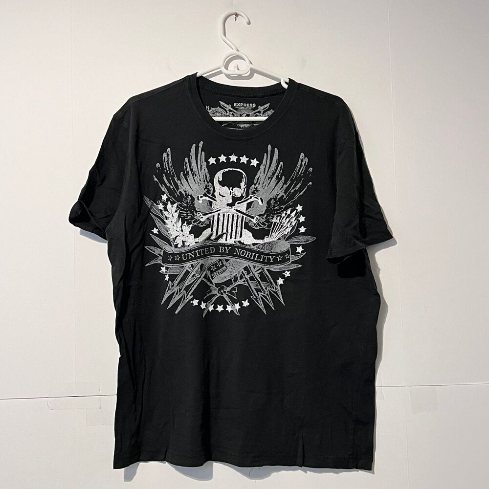 Express Mens T-Shirt Size XL Graphic Print Military Skull Affliction Style Tee